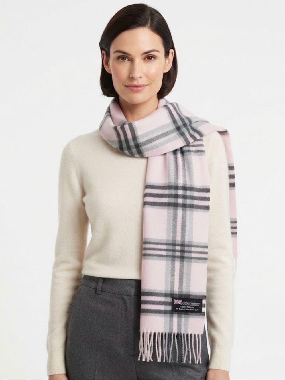 Made in Scotland 100% Cashmere Pink & Grey Plaid Fringe Scarf